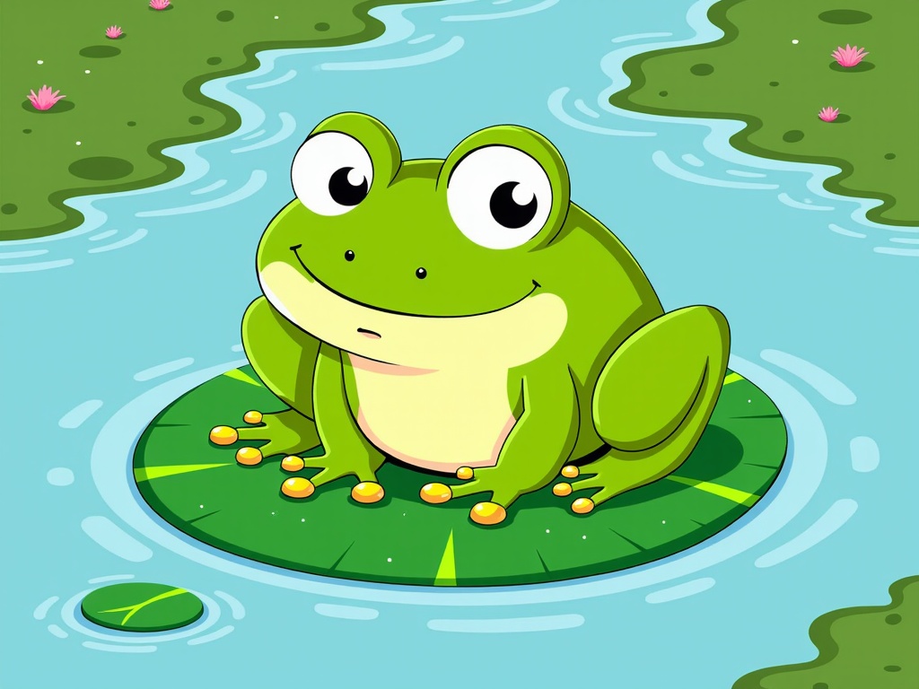 The image is a cartoon illustration of a green frog sitting on a lily pad in a pond. The frog is sitting on its hind legs with its front paws resting on the pad. It has big, round eyes and a big smile on its face. The background of the image is filled with water and there are pink lily pads floating on the surface of the water. The water is a light blue color and there is a small amount of green algae visible in the background.