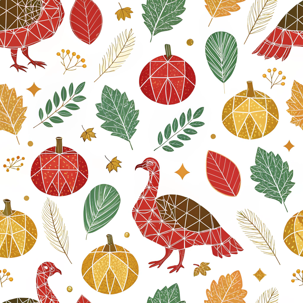 A modern Thanksgiving pattern featuring geometric shapes forming turkeys, leaves, and squash. The blend of vibrant red, green, and gold hues on a white backdrop provides a contemporary twist on traditional Thanksgiving imagery.