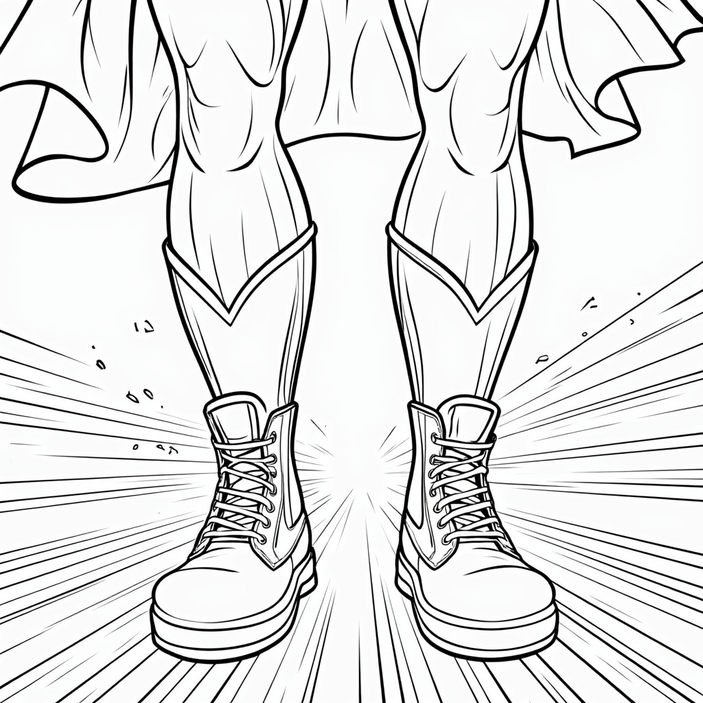 A tight shot on superhero boots/feet surrounded by stylized speed lines and perhaps kicking up small debris, illustrating the initiation of super-speed.