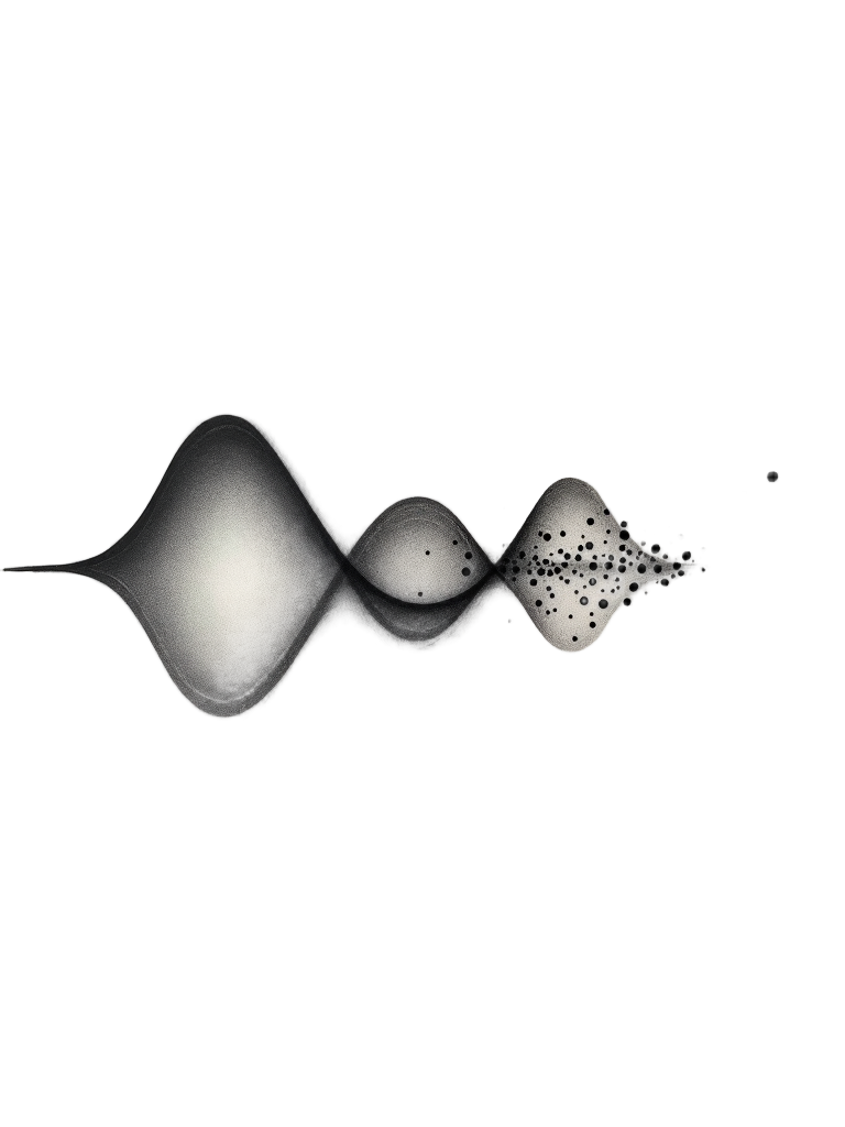 A visual representation of a sine wave that gradually breaks down or morphs into a stream of distinct, individual particles (dots or geometric shapes), symbolizing the transition inherent in duality.