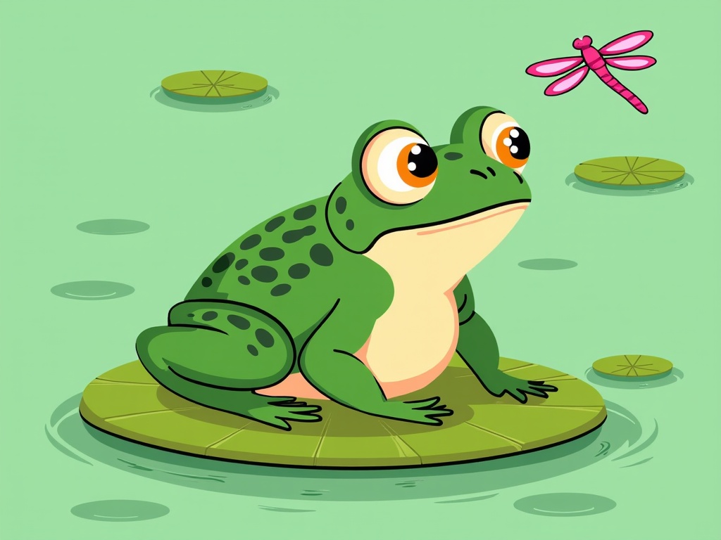 The image is a digital illustration of a green frog sitting on a lily pad in a pond. The frog is facing towards the right side of the image and has a pink dragonfly flying above its head. It has large, round eyes and a pink body with black spots on its back. Its legs are stretched out in front of it and its feet are resting on the pad. The background is a light green color and there are several lily pads floating around the frog. The overall style of the illustration is cartoon-like and playful.