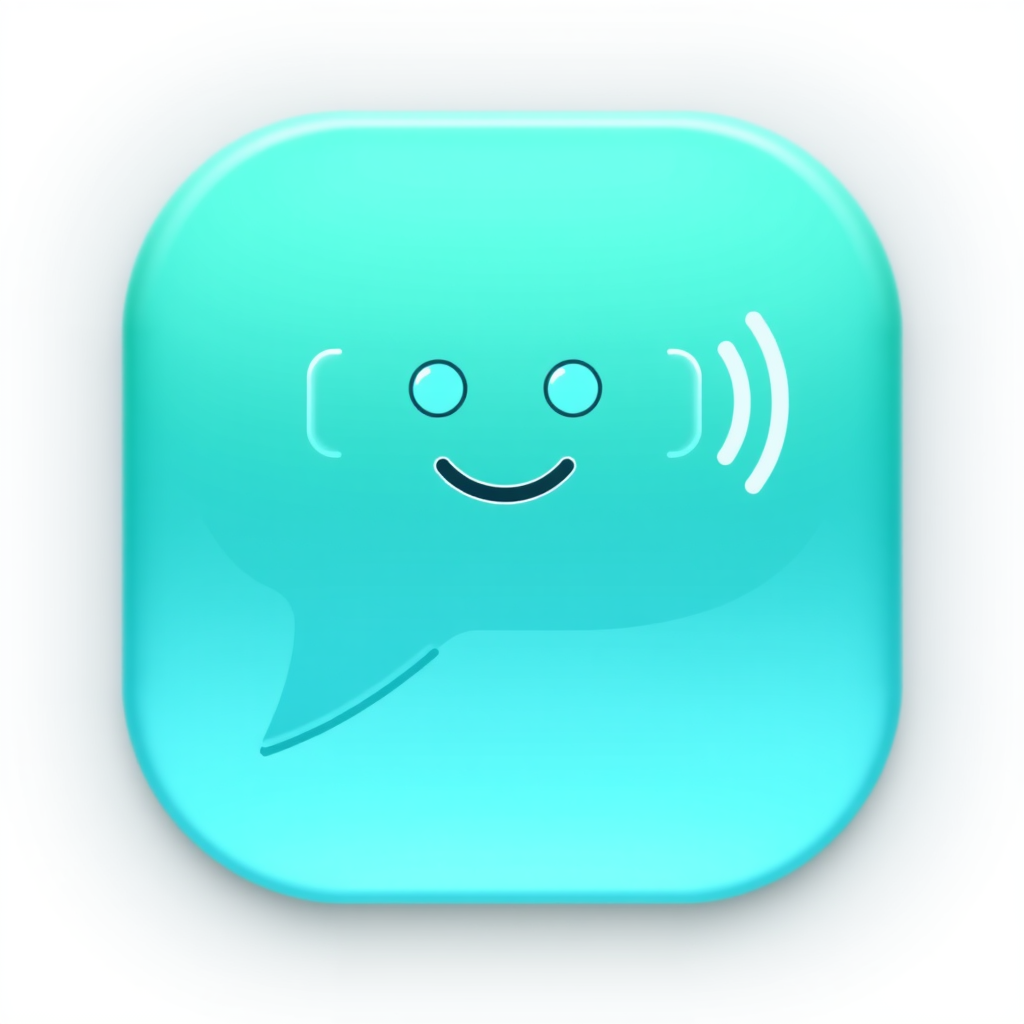 Conversational AI Bubble with Animated Tail: A speech bubble icon where the tail animates as a synced voice wave during user input. Inside the bubble, a simple, friendly AI face or abstract pattern changes expression or displays symbols (e.g., ellipsis for thinking, checkmark for success) to convey AI feedback.