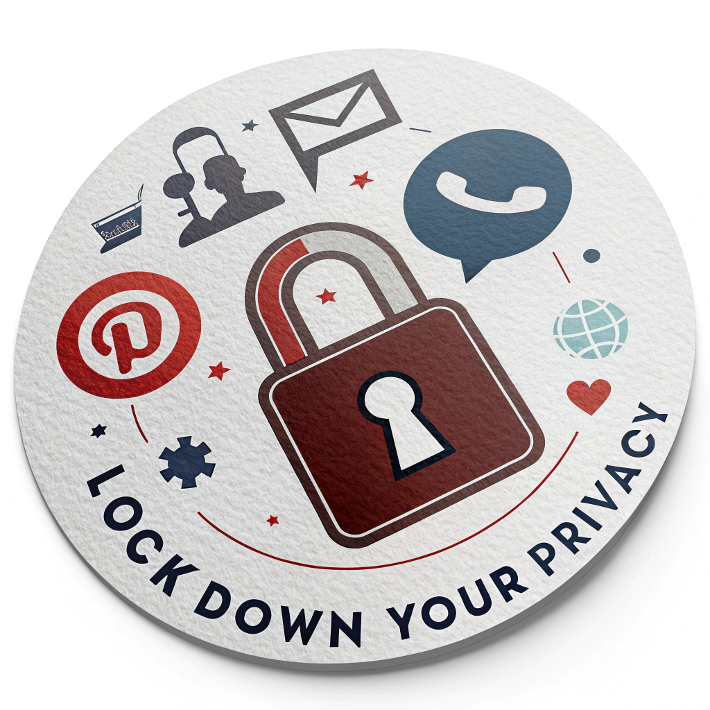 A circular sticker featuring popular social media app icons (stylized and generic) clustered behind a large, prominent padlock symbol. Text: 'Lock Down Your Privacy'.