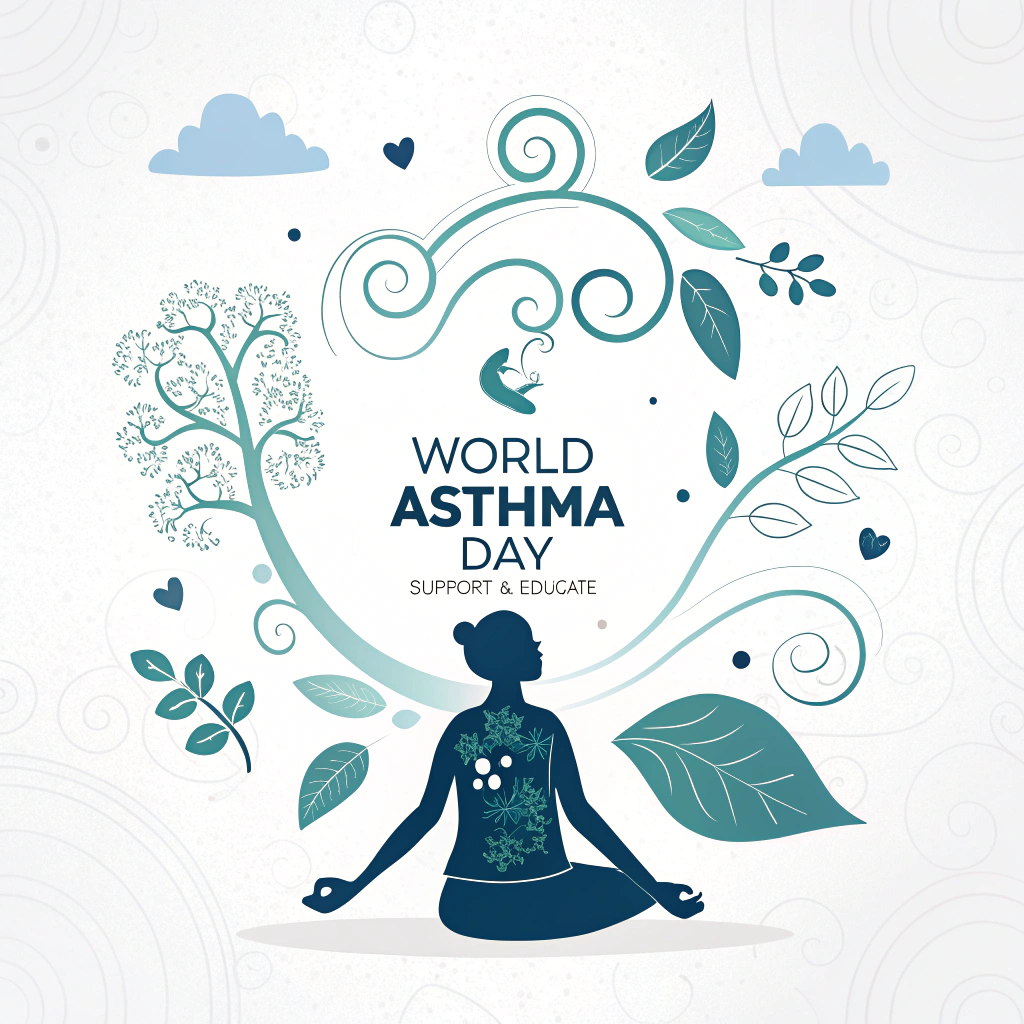 Minimalist design of a person taking a deep, clear breath, surrounded by clean air symbols (e.g., gentle swirls, leaves). Integrate 'World Asthma Day: Support & Educate'.