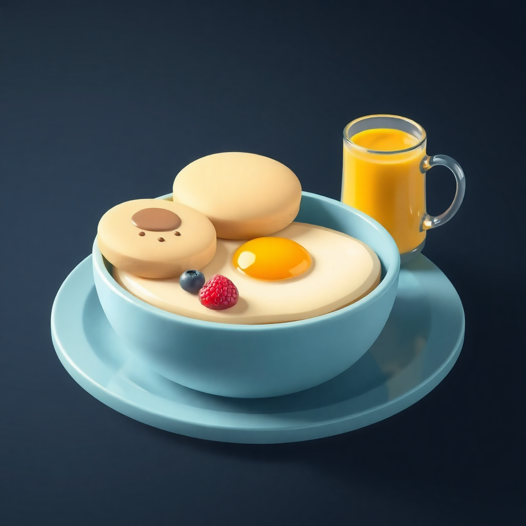  a breakfast meal in a blue bowl on a blue saucer. On the left side of the bowl, there are two round pancakes with a smiley face on top. Next to the pancakes, there is a fried egg with two yolks and a few berries on the side. The background is dark blue, and on the right side, there appears to be a glass of orange juice. The overall color scheme of the image is bright and cheerful.