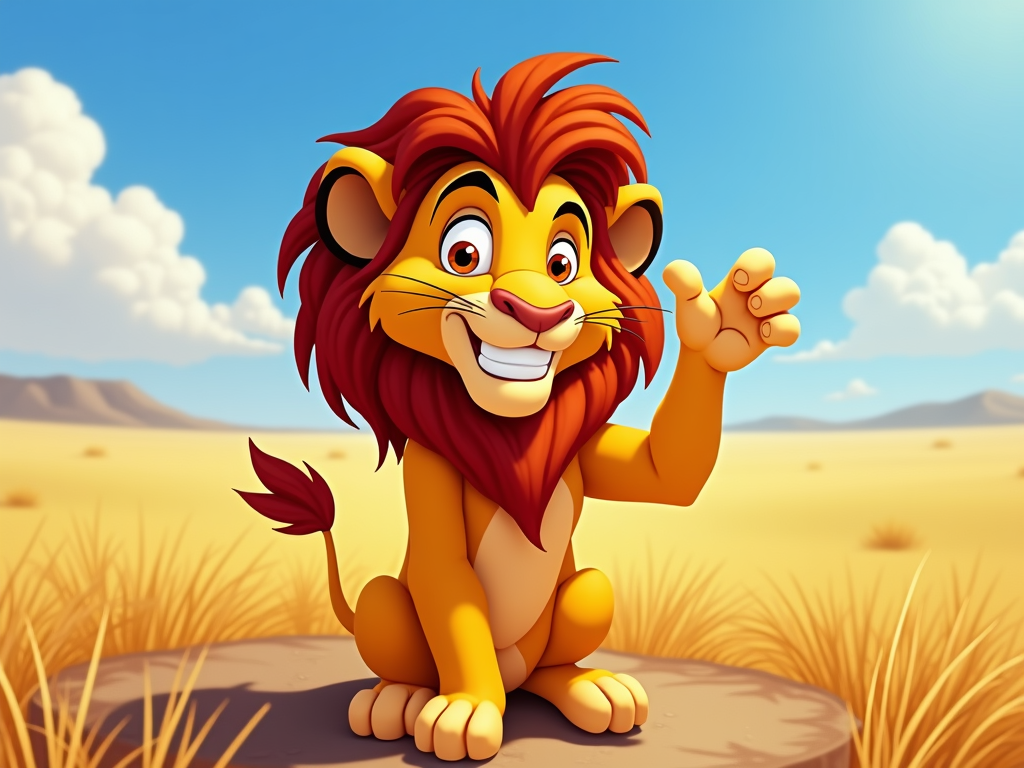 A lion with exaggerated, wide eyes and a goofy, toothy grin, perhaps with one tooth sticking out.