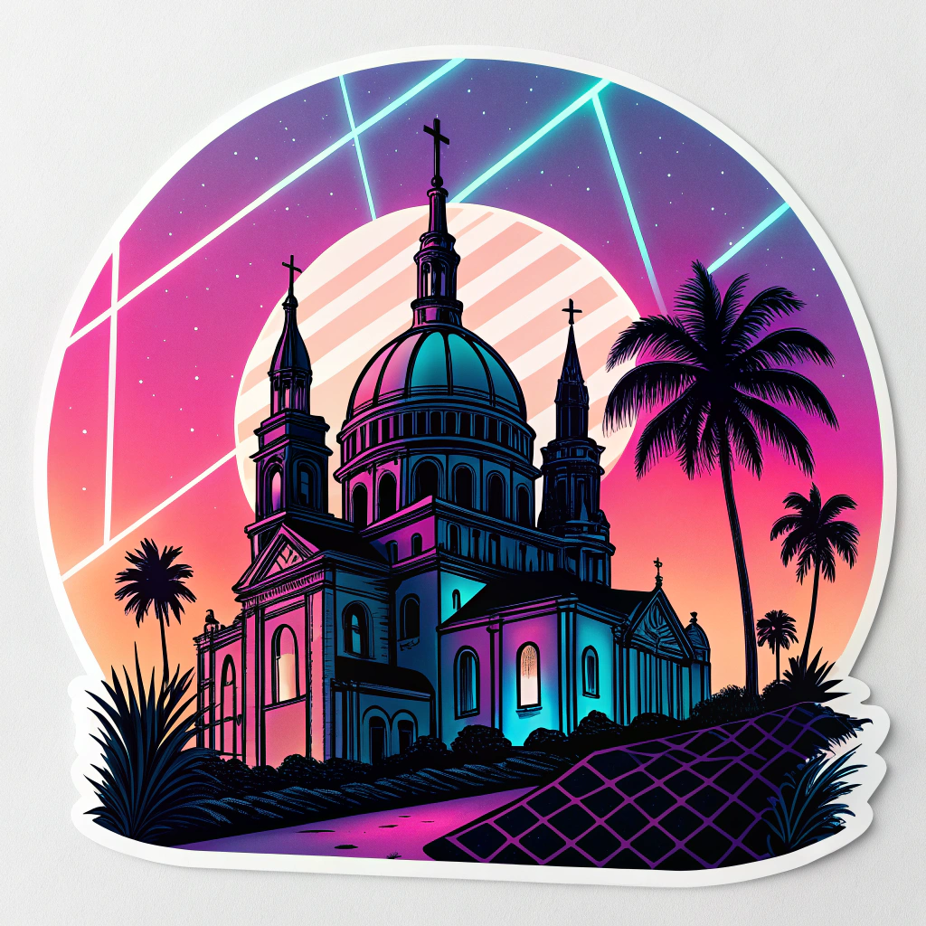A die-cut sticker showcasing a stylized silhouette of the Kinetic Cathedral stage against a vibrant neon sunset (pinks, purples, blues) with miniature laser beam accents.