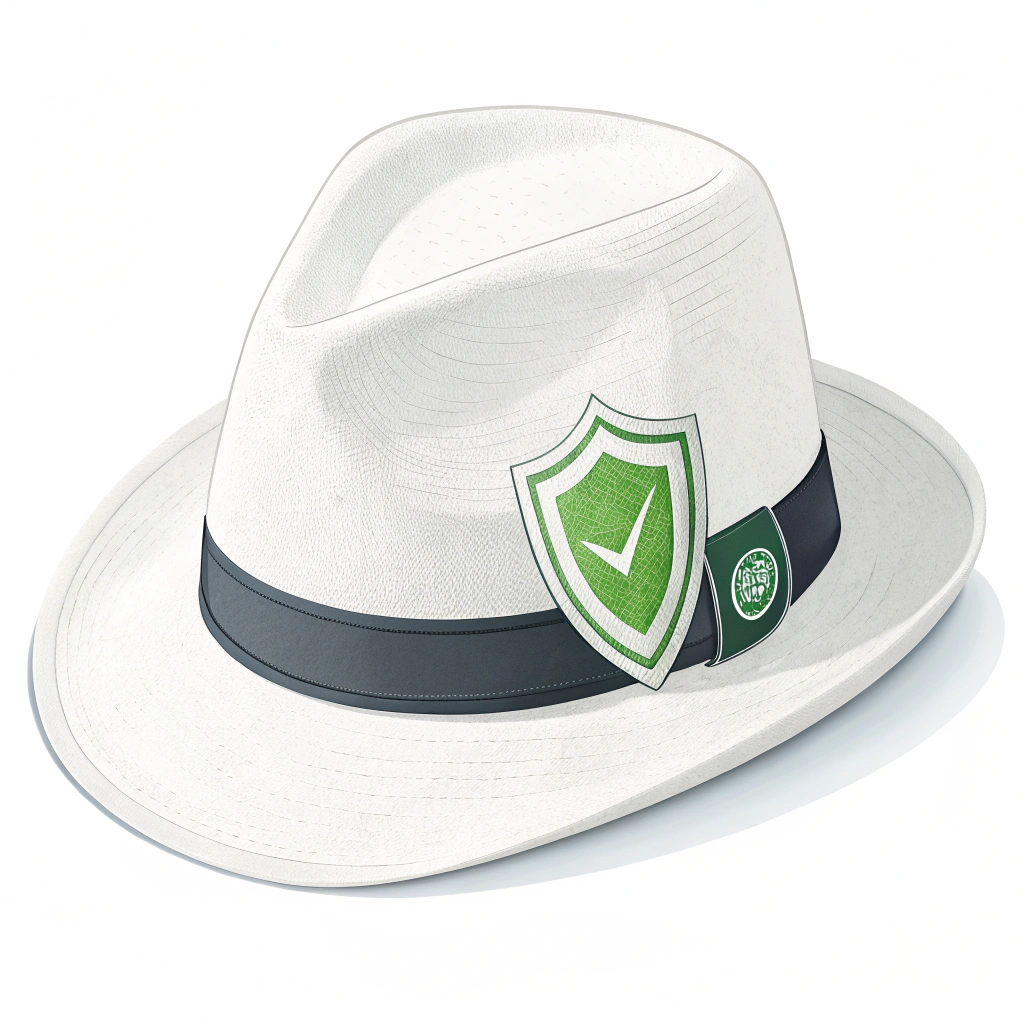 Simple Icon Idea: A clean, flat vector icon of a white fedora hat. A small, vibrant green shield emblem is clearly positioned on its band, compactly representing ethical security.