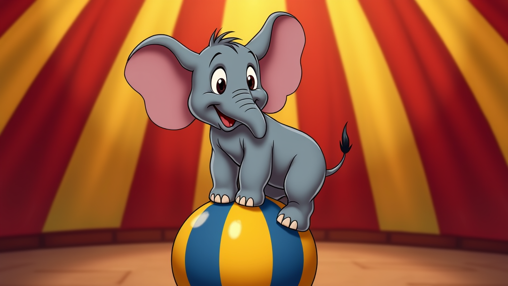 Bartholomew the elephant, with oversized ears and a charming smile, carefully balancing on a large, striped ball, with a circus tent background.