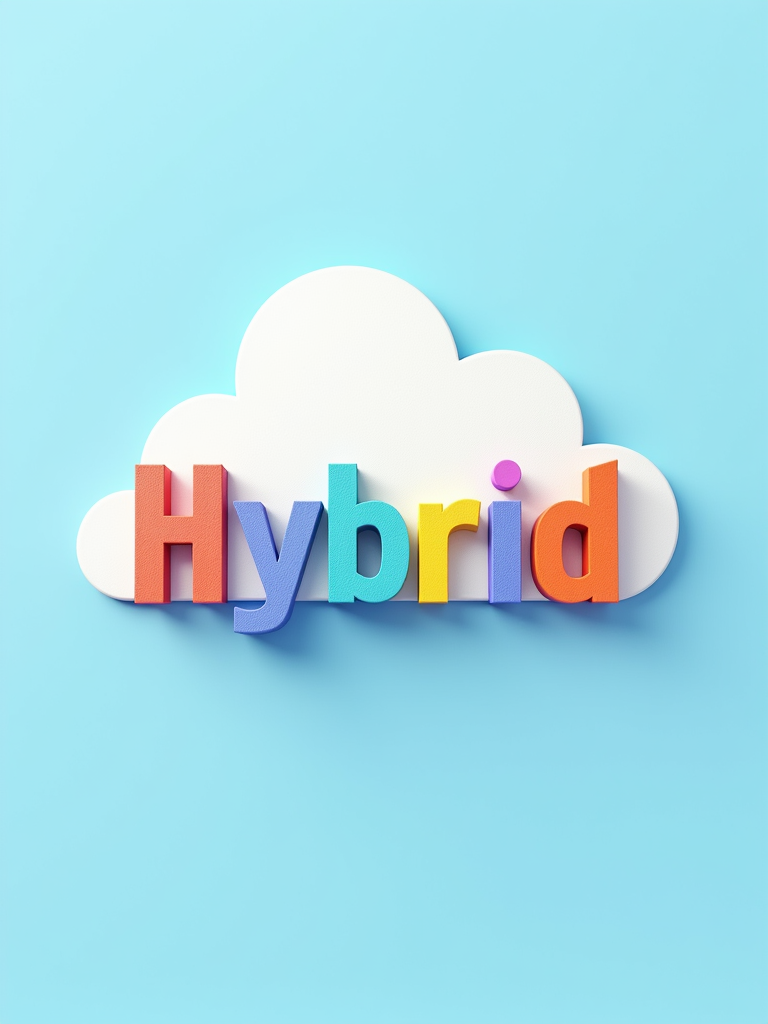 A minimalist design using typography: the word 'Hybrid' written where 'Hy' is styled like a building block and 'brid' flows into a cloud shape.