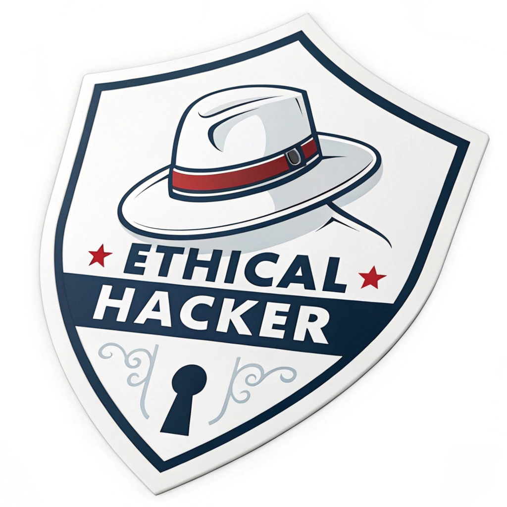 Ethical Hacker: White Hat Emblem - Sub-Design 4: A white hat designed as a modern badge or insignia, where the hatband subtly incorporates the shape of a stylized cryptographic key or a secure padlock, symbolizing authorized access, security protocols, and control.