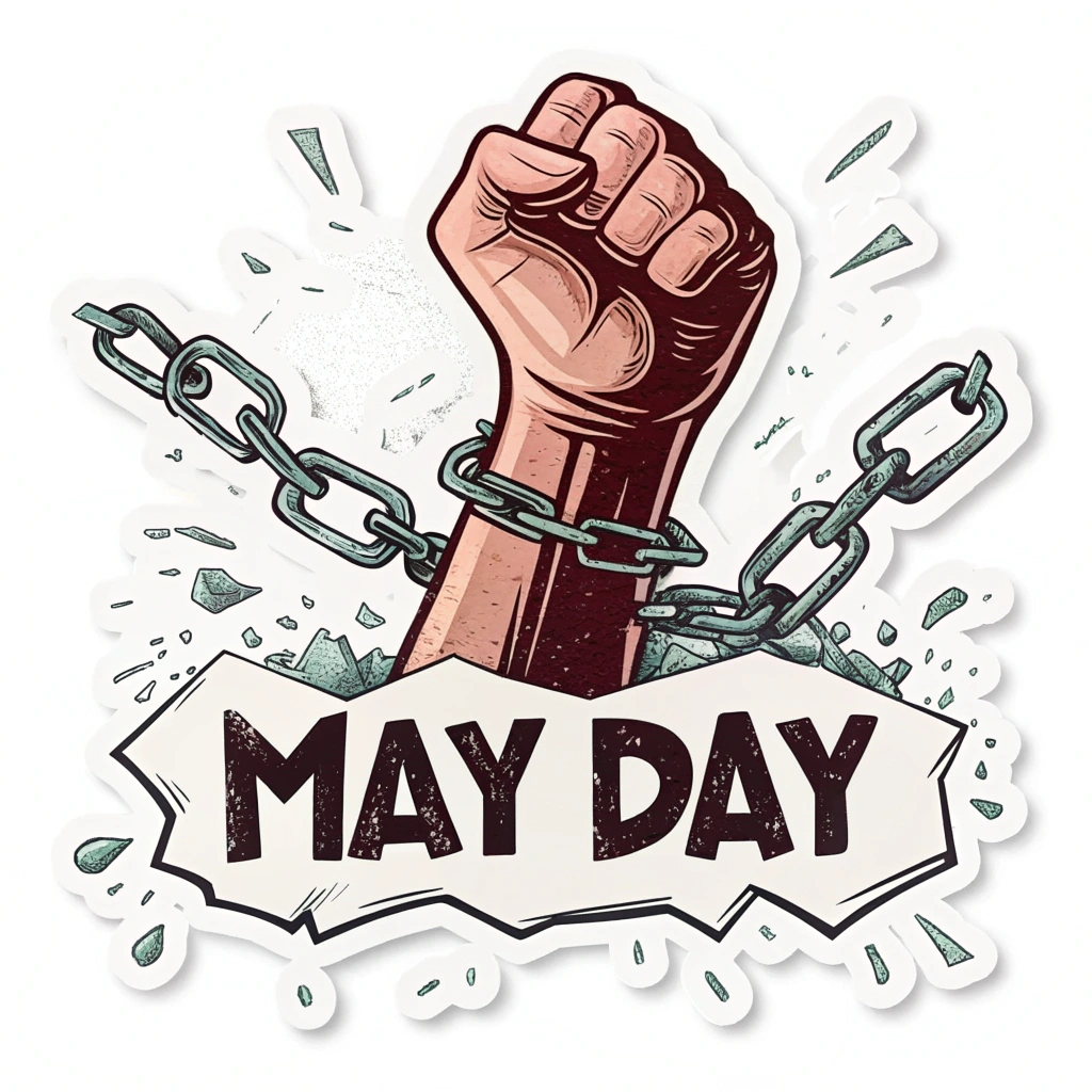 Design 2: A raised fist breaking chains, with 'May Day' written below in strong typography.