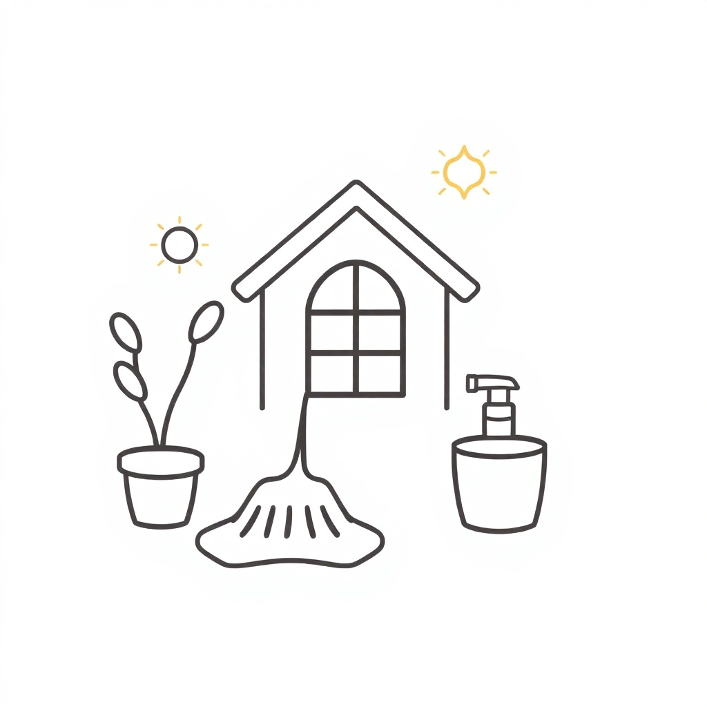 The image is a line drawing of a small house with a roof and a window. Next to the house, there is a potted plant with two spoons and a rake. On the right side of the image, there are two bottles of hand sanitizer. Above the house and the sun, it is shining brightly. The image is in black and white and appears to be a simple line drawing.