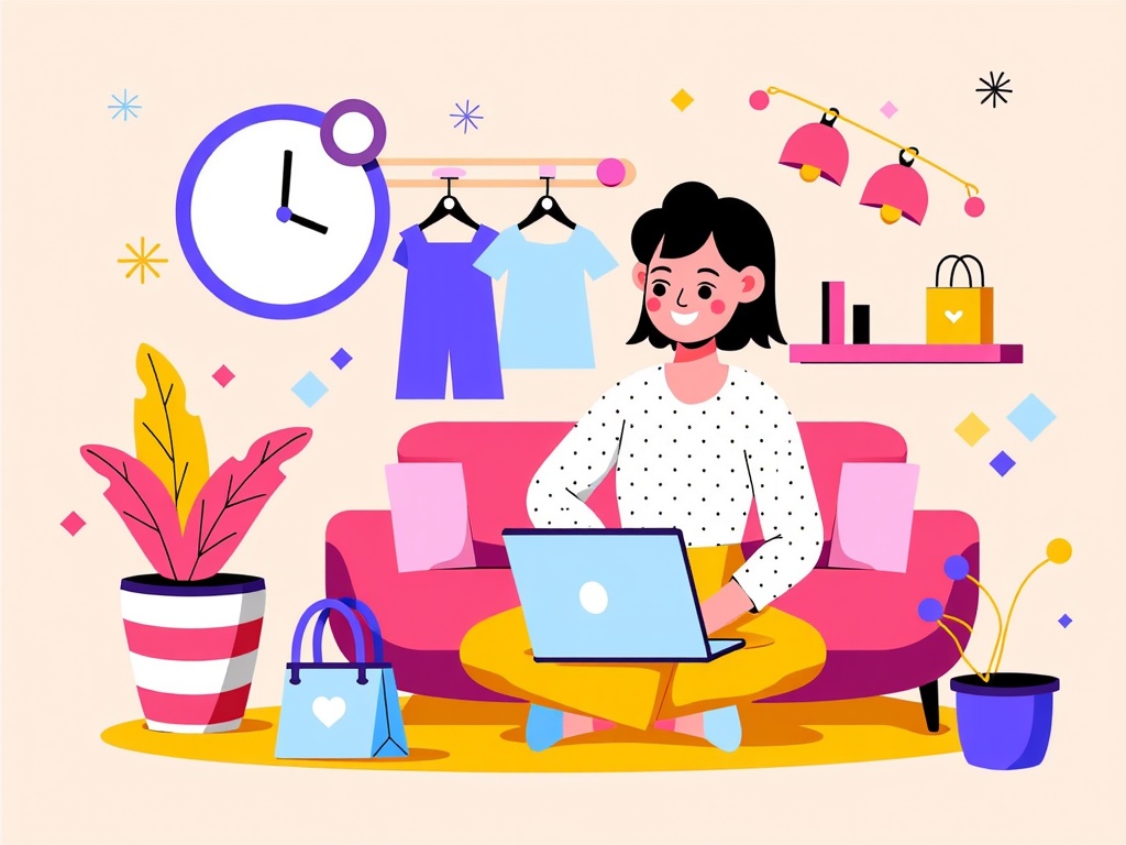  a young woman sitting on a pink couch with a laptop in front of her. She is wearing a white blouse with black polka dots and has a big smile on her face. Behind her, there are clothes hanging on a rack and a clock on the wall. On the left side of the image, there is a potted plant and a blue shopping bag. The background is a light pink color with small yellow stars scattered around. The overall style of the illustration is flat and cartoon-like.