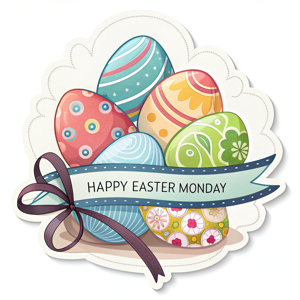 A sticker displaying a pile of colorful Easter eggs with a ribbon wrapped around them, labeled 'Happy Easter Monday'.