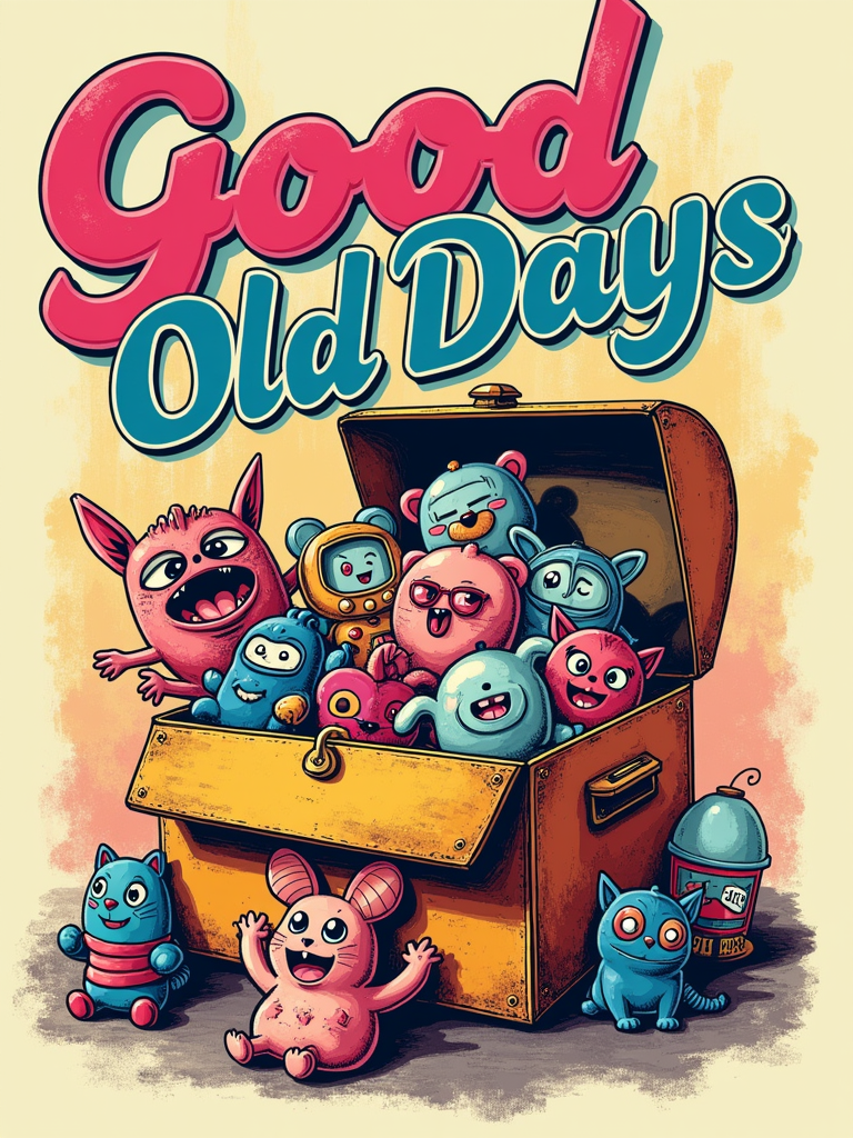 A distressed print design featuring a collage of iconic 80s and 90s toys (e.g., Tamagotchi, Furbies, classic video game cartridges, Polly Pocket) arranged as if spilling out of a vintage toy box. The text 'Good Old Days' could be in a retro font.