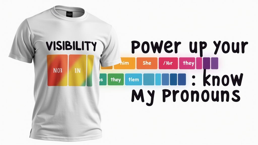 Visibility Spectrum Bar: A design resembling a loading bar or a spectrum, labeled 'Visibility,' that is filled or highlighted. Alongside it, text reads 'Power Up Your Respect: Know My Pronouns.' Different pronoun sets could be subtly integrated into sections of the bar.