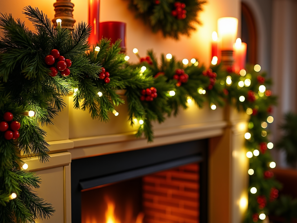 A fireplace mantle elegantly decorated with a long, lush garland made from pine, holly leaves, and red berries, intertwined with white string lights, creating a cozy, inviting space for holiday gatherings.