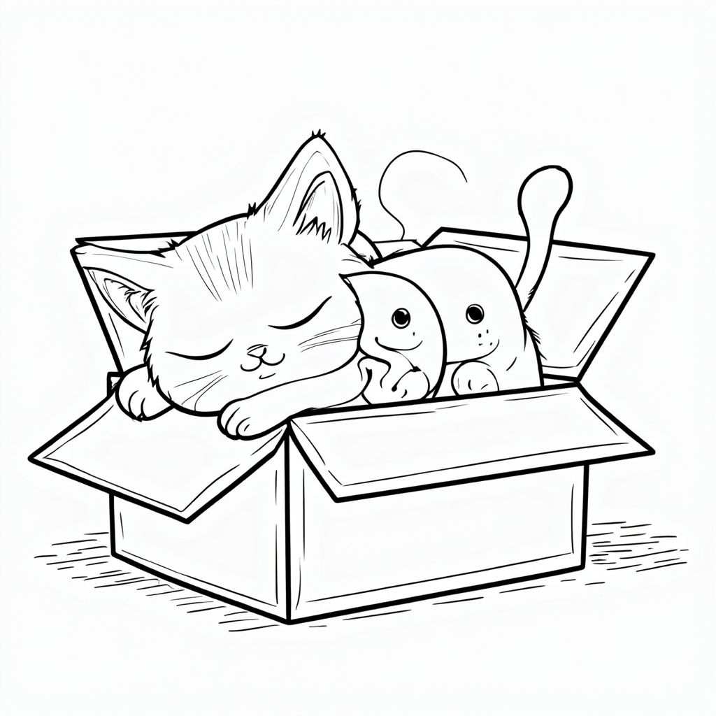 Schrödinger's Cat Visual: A stylized cat inside a 'mystery box'. The cat is drawn with elements that suggest it's simultaneously in multiple states (e.g., half sleeping peacefully, half playfully alert, or partially transparent/ghostly), with clear outlines for coloring each distinct aspect.