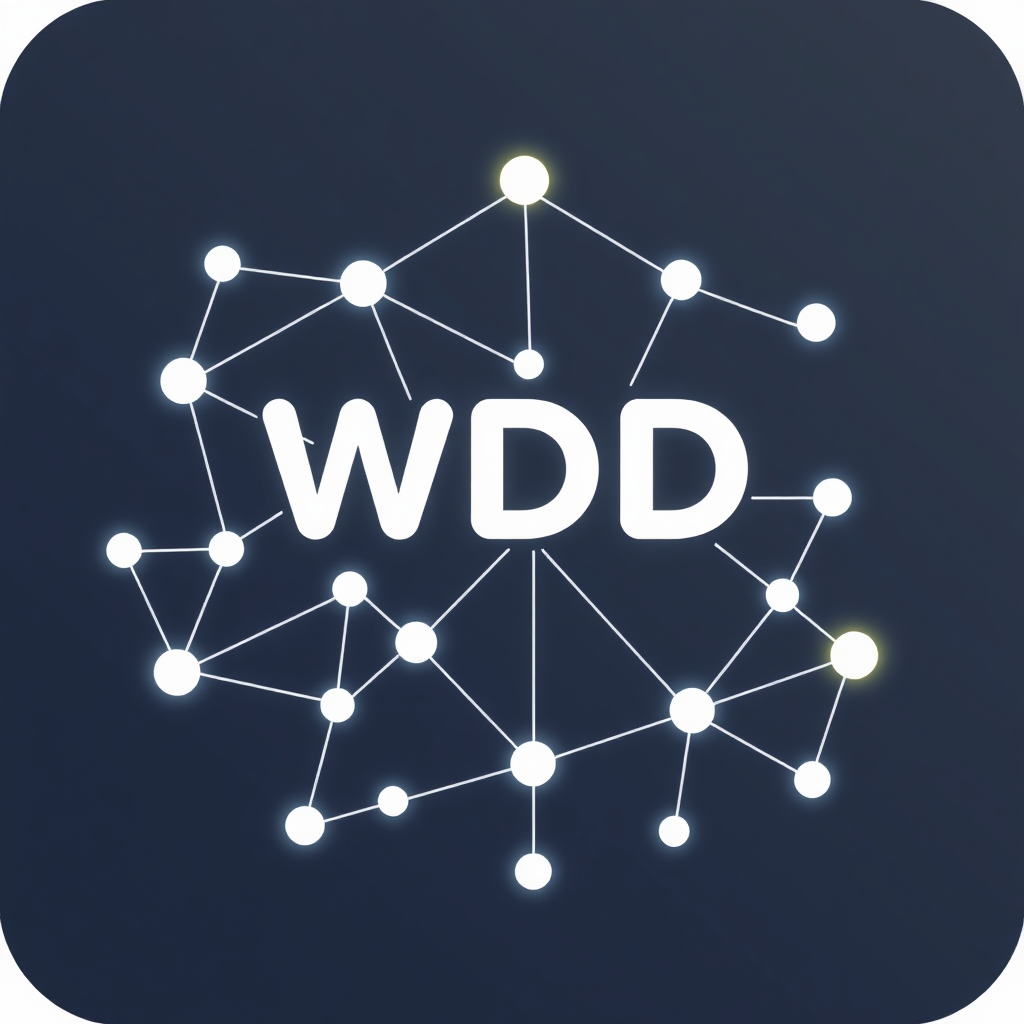 Connected Dots Network: A network of interconnected dots or nodes, with some lines glowing or being thicker to represent a clear pathway or an emerging pattern (like the letters 'WDD' or a process flow), symbolizing brainstorming, connection of ideas, and the collaborative evolution of a design solution.