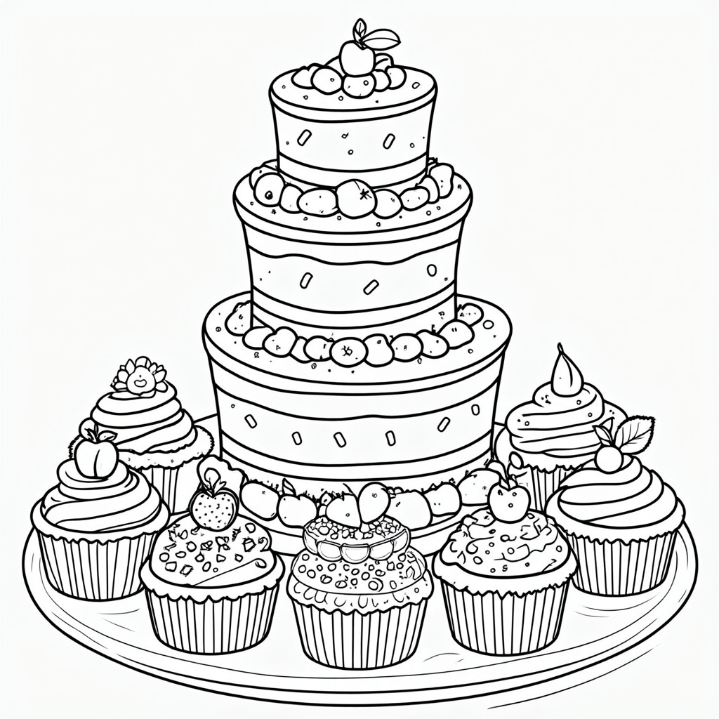 A 'decorate your own dessert' page. An outline of a multi-tiered cake or a collection of cupcakes, surrounded by various frosting styles, sprinkles, candies, and fruit toppings for the child to color and 'add' to the desserts.