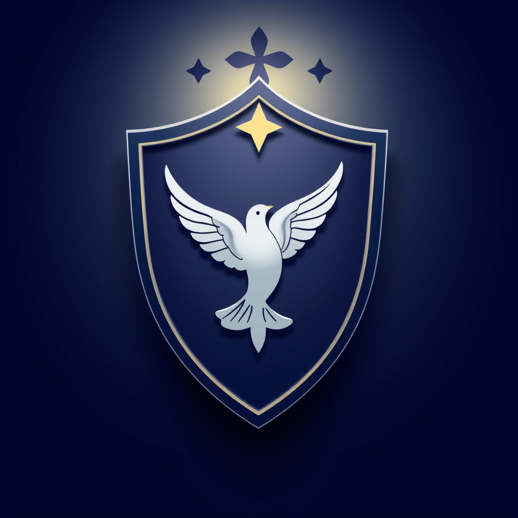 A shield featuring the female symbol and a dove in flight, representing protection and empowerment.
