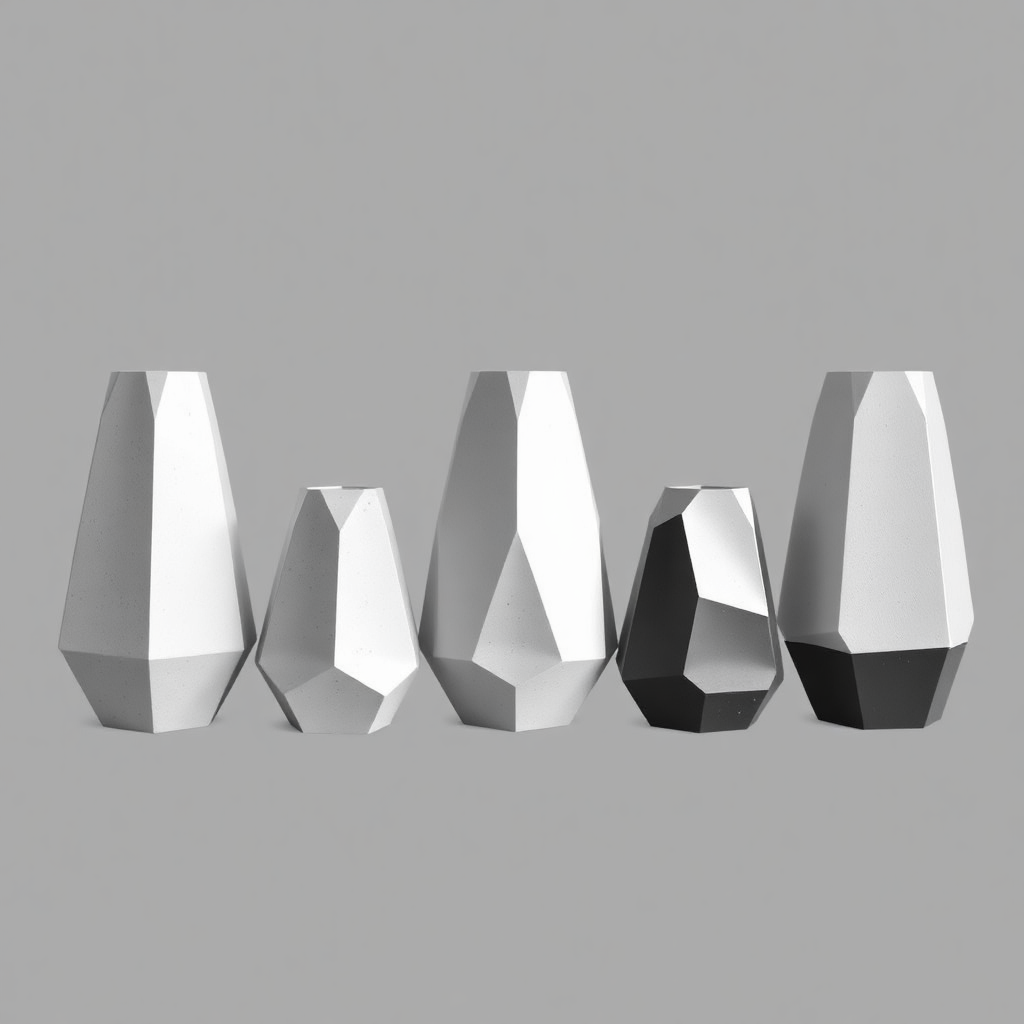 Create a series of minimalist vases with faceted surfaces, using materials like concrete, glass, or metal for a contemporary feel.