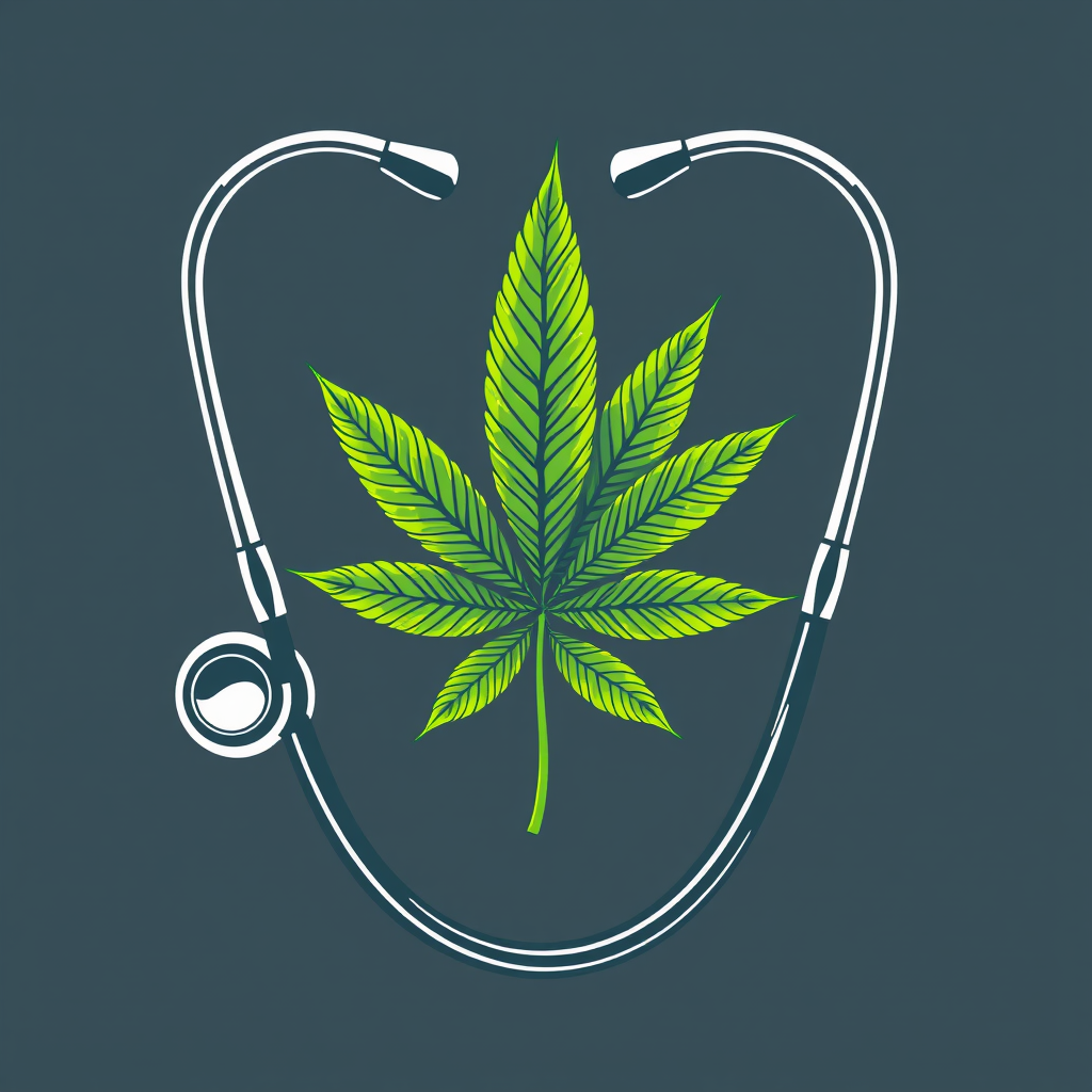 The stethoscope's tubing and earpieces are shaped into a heart, with a detailed cannabis leaf intertwined within or overlaid, symbolizing compassionate care and natural healing.