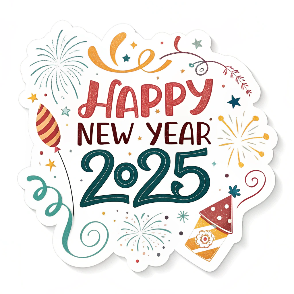 The image shows a poster with the words Happy New Year 2025 written in bold, colorful letters, surrounded by a festive design of fireworks and confetti, creating a cheerful atmosphere to celebrate the start of a new year.