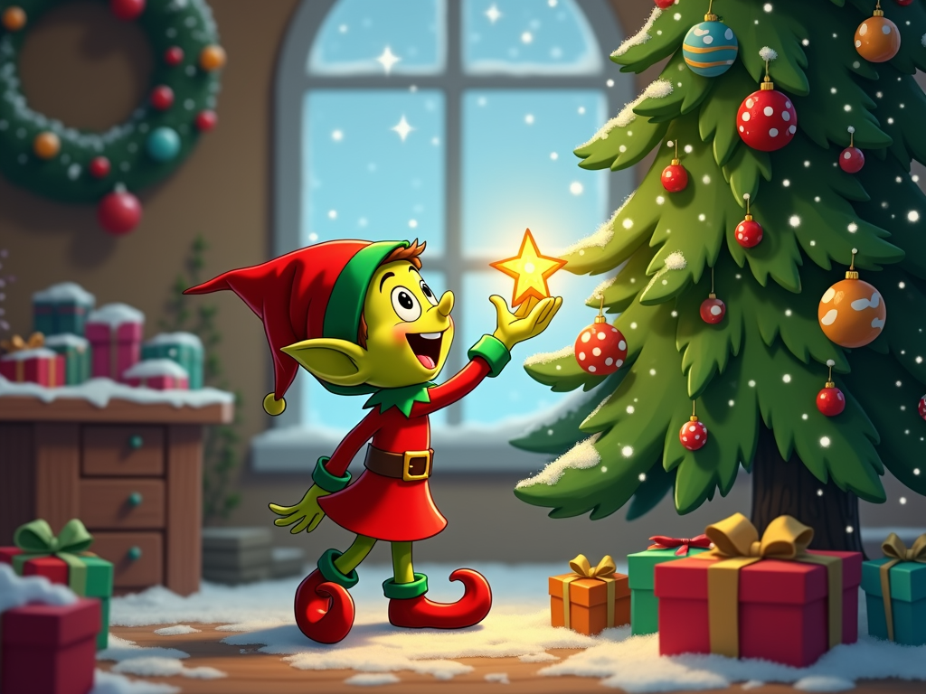  a cartoon Christmas elf standing in front of a large Christmas tree. The elf is wearing a red hat, green pants, and red shoes. It has a big smile on its face and is holding a golden star in its hand. The tree is decorated with colorful ornaments and lights, and there are several gift boxes scattered around it. In the background, there is a window with a wreath hanging on the wall. The floor is covered in snow, and the overall mood of the image is cheerful and festive.