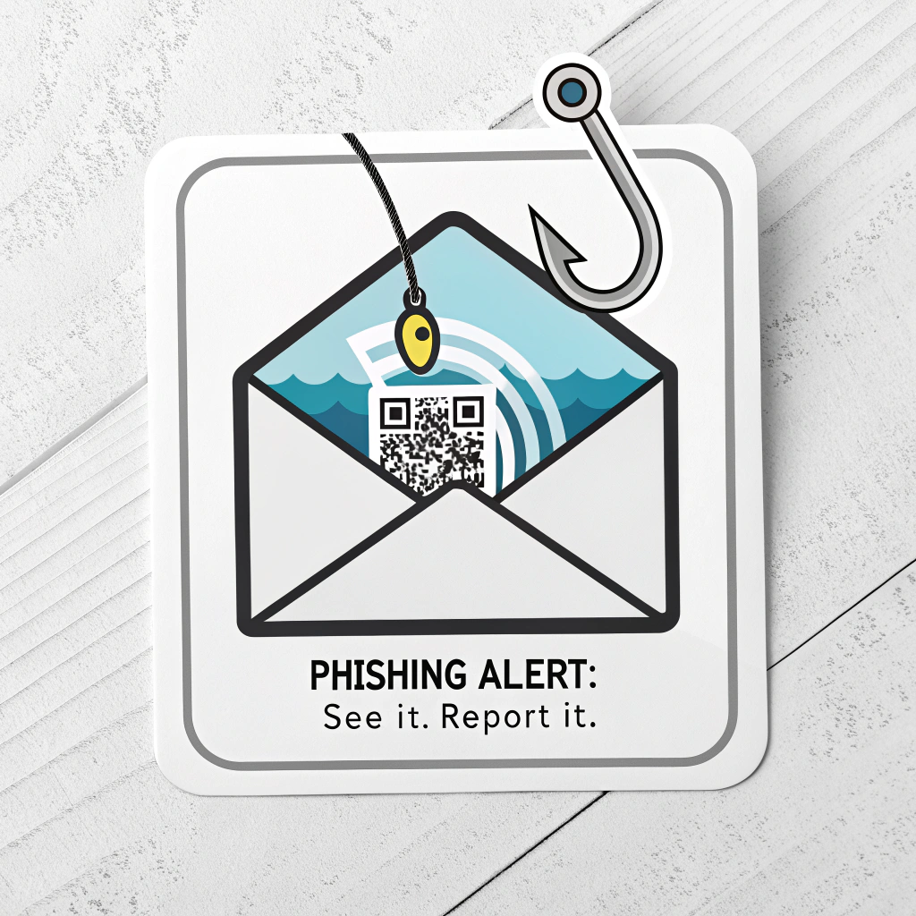 Sub-design 4: Minimalist sticker design with clean line art of a fish hook emerging from an abstract representation of an email. Text: 'PHISHING ALERT: See It. Report It.' Consider adding a QR code linking to reporting instructions.