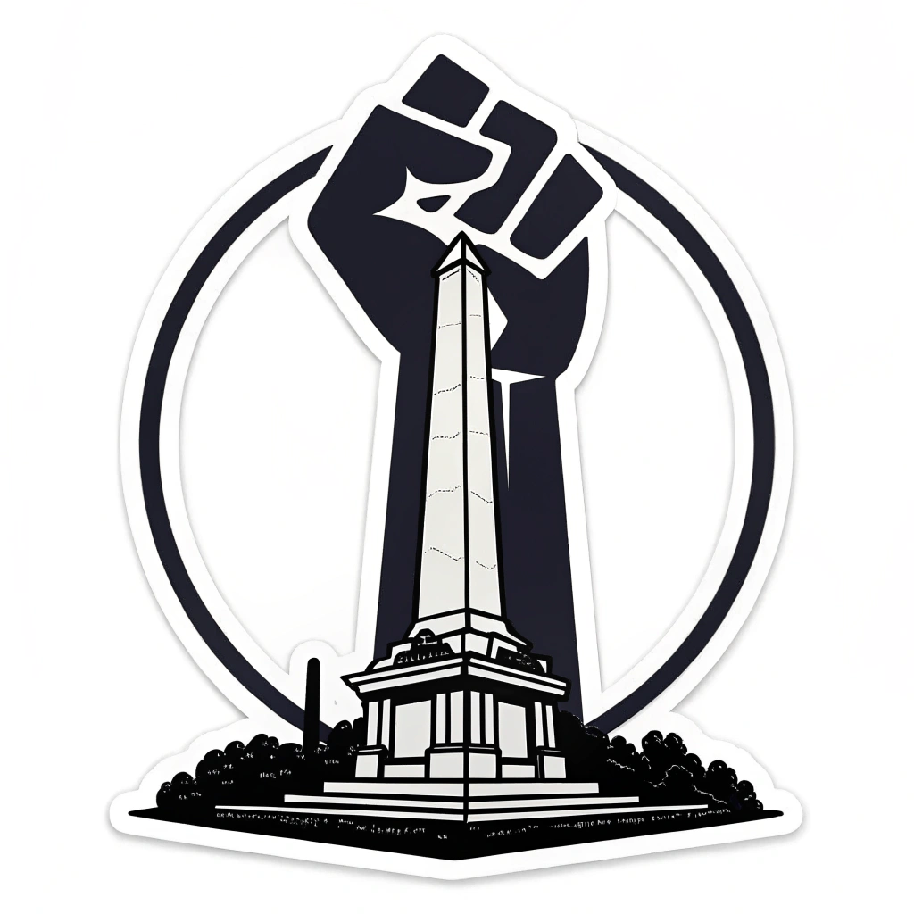 Simple Icon Idea: A raised fist symbol graphically superimposed over a simplified, iconic outline of the Haymarket Martyrs' Monument (e.g., an obelisk shape or the specific monument statue silhouette).