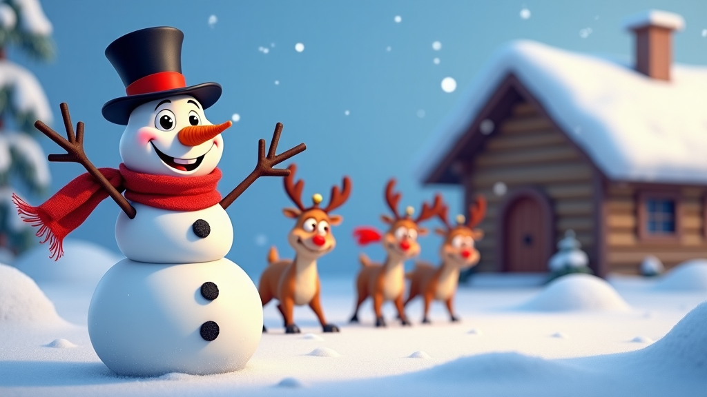 An adorable cartoon snowman with a wide smile, wearing a red scarf and a black top hat, standing in a snowy field. Behind him, a group of animated reindeer with bells around their necks play joyfully, while a snow-capped cabin in the background completes the winter wonderland scene.