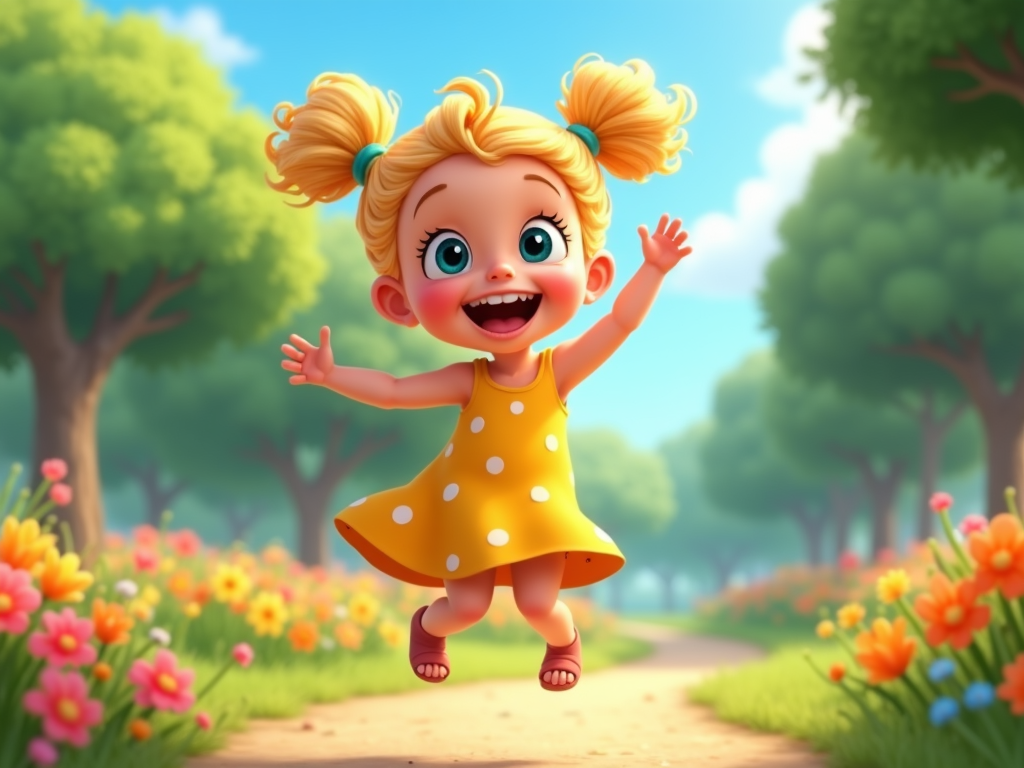  a young girl with blonde hair and blue eyes, wearing a yellow dress with white polka dots. She is standing on a dirt path in a park with trees and flowers on either side. The girl has a big smile on her face and her arms are stretched out to the sides, as if she is dancing or jumping. The sky is blue and there are a few clouds in the background. The overall mood of the image is cheerful and playful.