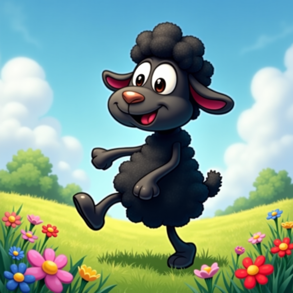 The image shows a cartoon black sheep running through a field of colorful flowers, lush green grass, tall trees, and fluffy white clouds in the sky.