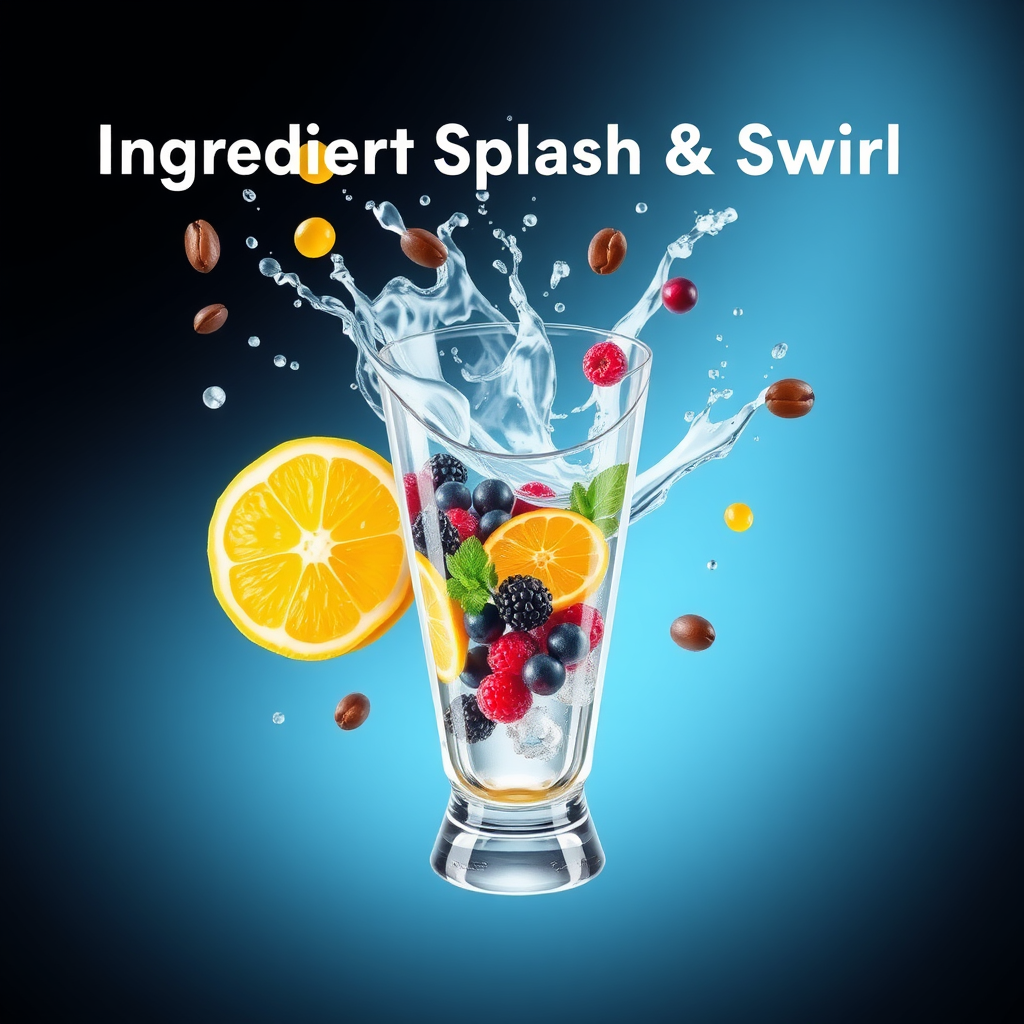 Ingredient Splash & Swirl: Dynamic animation showcasing key ingredients (like lemon slices, coffee beans, mint leaves, or berries) playfully splashing or swirling into a clear glass, instantly transforming into a stylized beverage with animated fizz or a mesmerizing swirl.