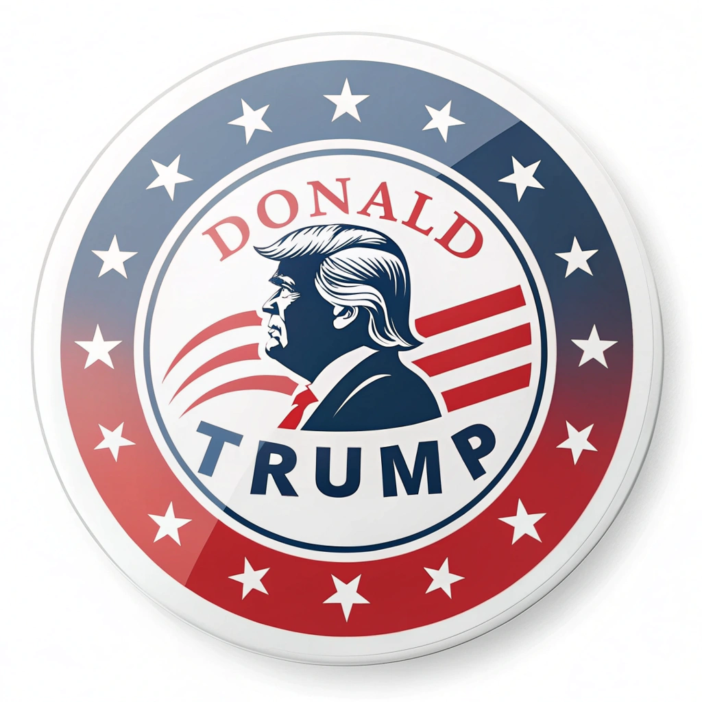 A circular sticker with a red, white, and blue color scheme, featuring Trump's silhouette and the slogan wrapping around it.