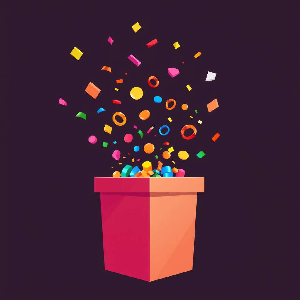 Confetti bursting out of a gift box icon, representing surprises, parties, and special events.