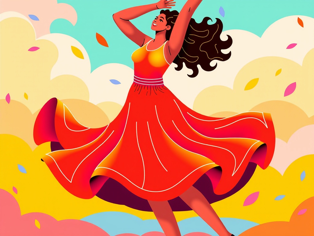 The image is an illustration of a young woman dancing in the air. She is wearing a long, flowing red dress with a yellow top and a red skirt. Her hair is styled in loose curls and she has a big smile on her face. The background is a light blue sky with white clouds and colorful autumn leaves scattered around. The woman is in mid-air, with her arms stretched out to the sides and her legs slightly bent at the knees. The overall mood of the image is joyful and carefree.