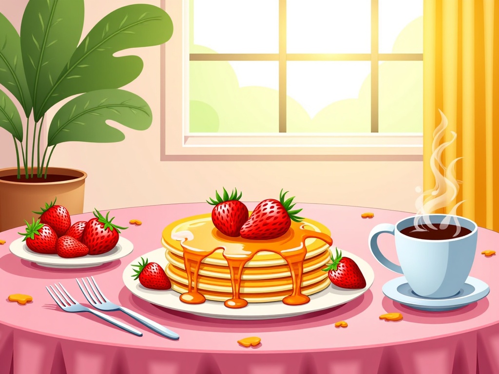  a breakfast table with a stack of pancakes and a cup of coffee. The table is covered with a pink tablecloth and there is a large window with yellow curtains in the background. On the left side of the table, there are two plates with fresh strawberries and a potted plant. The pancakes are golden brown and are drizzled with syrup. There are also two forks and a knife on the table. The overall color scheme of the image is pink and yellow.