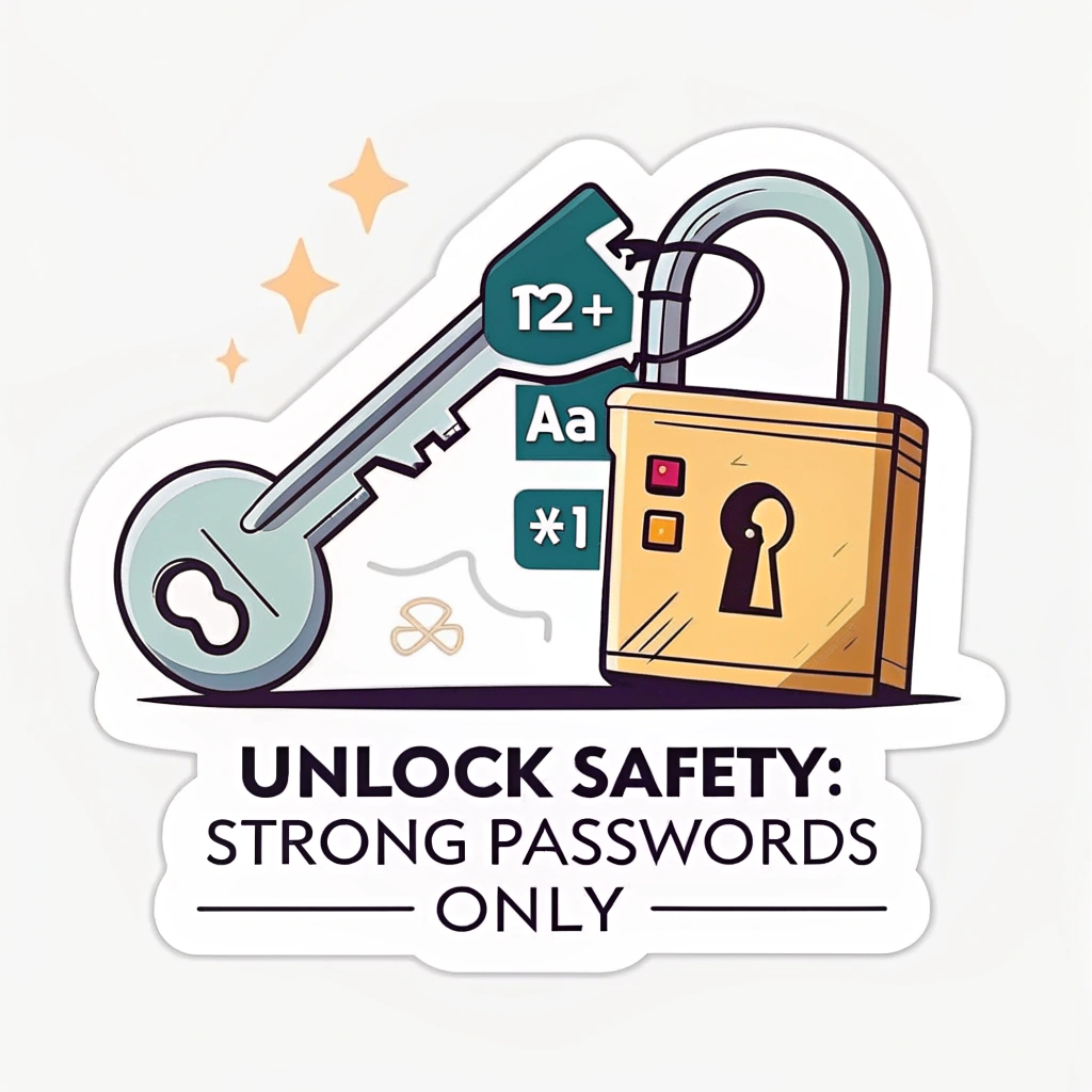 Key & Lock Best Practices: A stylized key fitting into a secure-looking padlock. The key's teeth or the lock's body could subtly incorporate symbols of password best practices (e.g., '12+', 'Aa', '#!'). Text: 'Unlock Safety: Strong Passwords Only.'