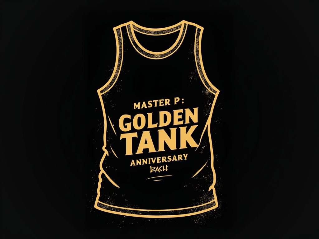 Design Idea 5: A modern, minimalist approach: a sleek, stylized outline or silhouette of the No Limit tank in a striking gold print on a premium black or white tee. Clean, contemporary font for 'Master P - Golden Tank Anniversary Bash', focusing on understated cool and high-quality execution.