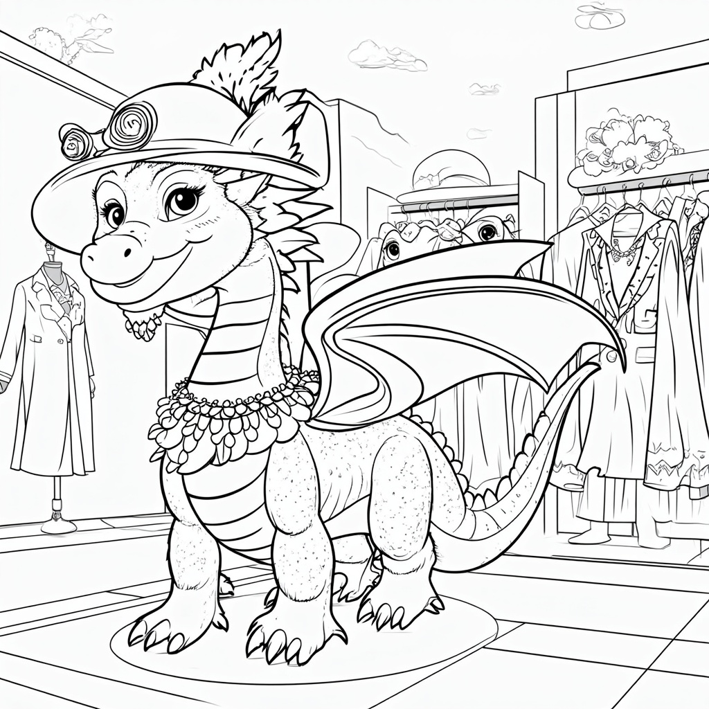 A fashion-forward dragon adorned in the latest styles, from elaborate hats to ornate necklaces. Standing in a boutique, mirrors reflect its stylish silhouette, while racks of clothing showcased in the background cater to a dragon's unique taste in fashion.