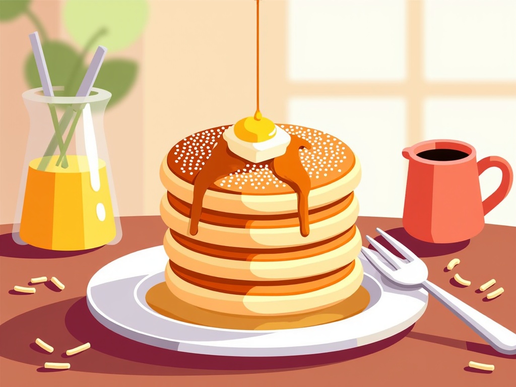  a stack of pancakes on a white plate with a fork on the side. The pancakes are golden brown and appear to be freshly made. On top of the stack, there is a dollop of butter and syrup being drizzled over the top. On the right side of the plate, there are two cups of coffee and a pitcher of orange juice. The background is a window with a view of a green plant. The overall color scheme of the image is warm and inviting.