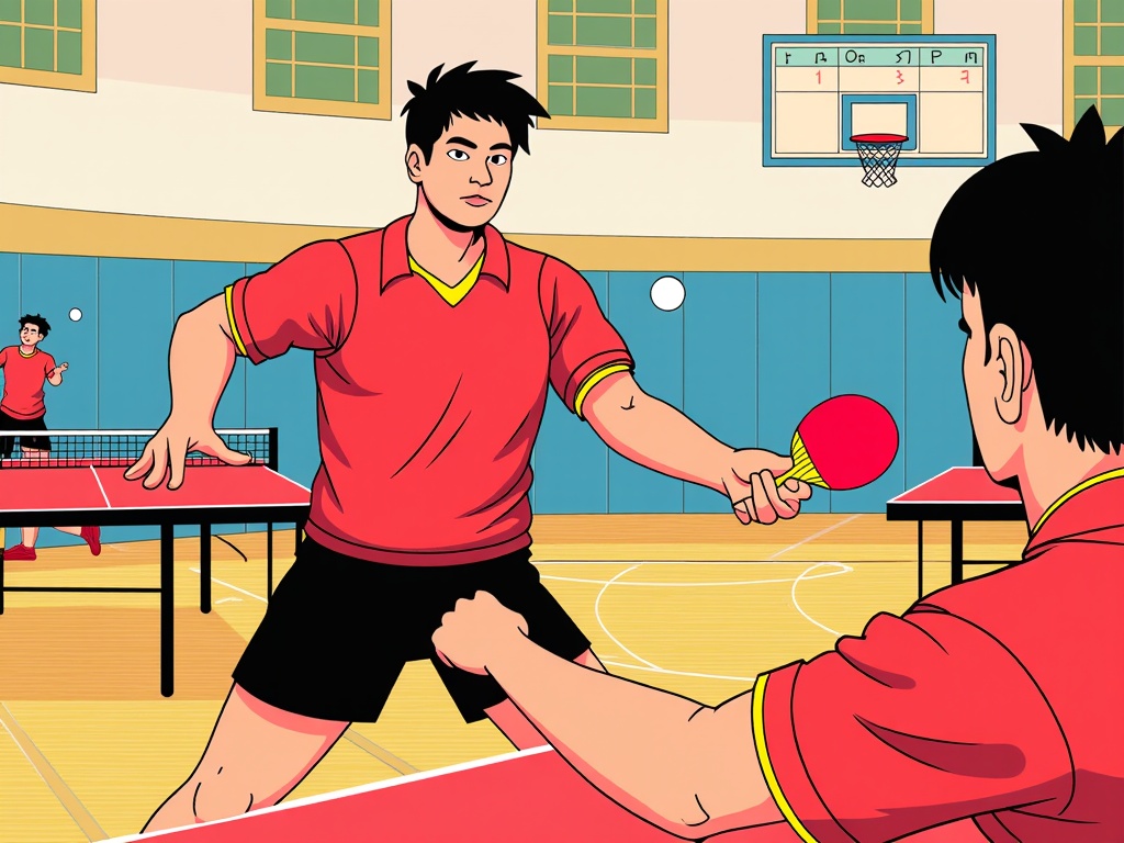  two men playing table tennis in a gymnasium. The man on the left is wearing a red shirt and black shorts and is holding a red ping pong paddle. He is in the middle of a match, with the other man standing behind him, ready to hit the ball. The table tennis table is red and there is a net in front of them. In the background, there are other players on the court and a scoreboard on the wall. The image is animated, giving the impression that the two men are actively engaged in the game.