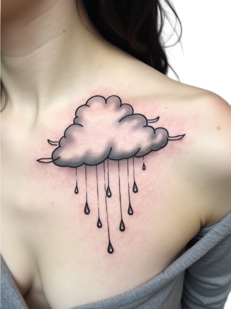 An elegant cloud tattoo with raindrops on the shoulder, small and graceful, embracing the beauty and transience of weather elements.