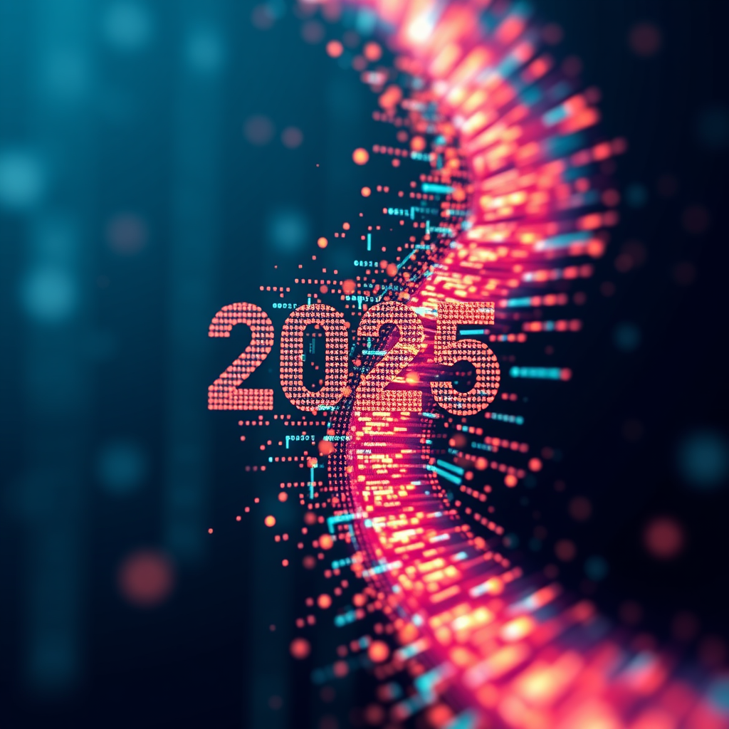 Abstract Data/Code Cascade: Visualize 'innovation stream' as an abstract flow of data or code elements, using Fluent Design's light, particle effects, and motion blur. This cascade might coalesce to reveal '2025' or expand outwards, signifying growth.