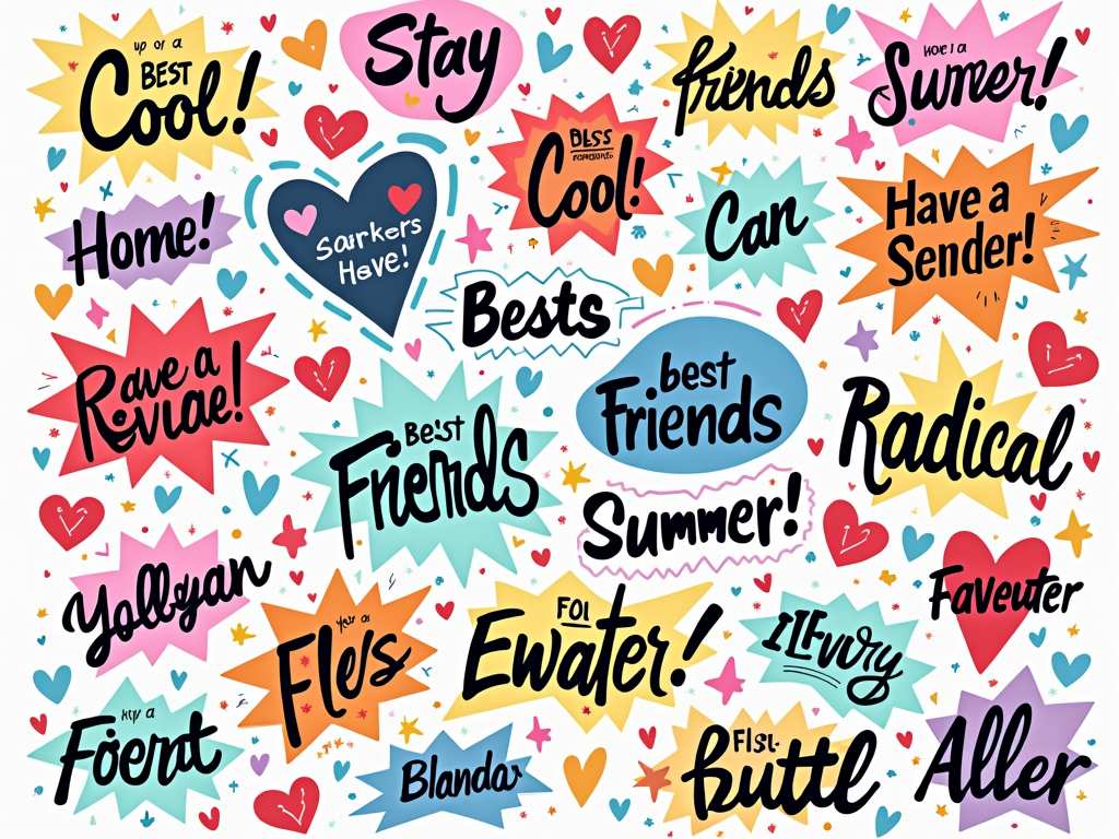 Yearbook Signature Style: A design that resembles the inside cover of a Trapper Keeper or a yearbook page, filled with various 'handwritten' signatures in different doodle fonts, classic messages like 'Stay Cool!', 'Best Friends 4Ever!', 'Have a Radical Summer!', intertwined with hearts, stars, (fictional) band logos, and generic inside joke doodles, evoking a sense of shared youthful memories.