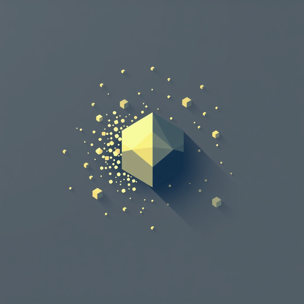 Sub-Design Idea 4: Pixelated Coalescence - Depict scattered, pixel-like or fragmented geometric elements gradually connecting and solidifying into a larger, unified abstract form, illustrating the strengthening and maturation of the blockchain network by 2025.