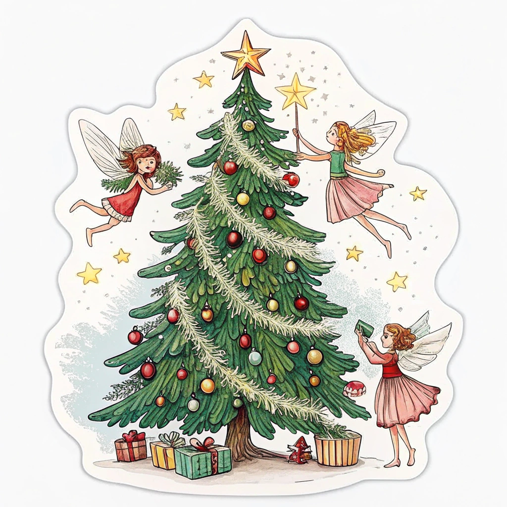 A whimsical Christmas tree sticker complete with faeries fluttering around its branches, adding an element of fantasy to the traditional holiday scene.